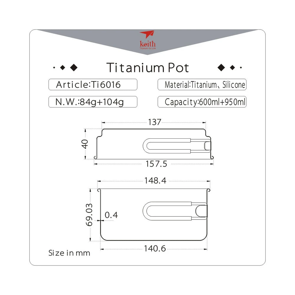 Keith 2 Piece Titanium Pot And Pan Cookset 950ml + 600ml 10 Keith 2 Piece Titanium Pot And Pan Cookset 950ml + 600ml - Image 10